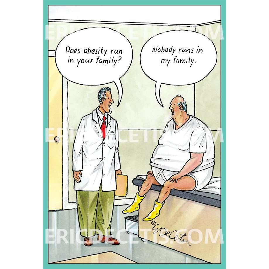 Pictura everyday birthday card featuring humorous "Obesity Runs in Family" design by Eric Decetis, suitable for family celebrations.